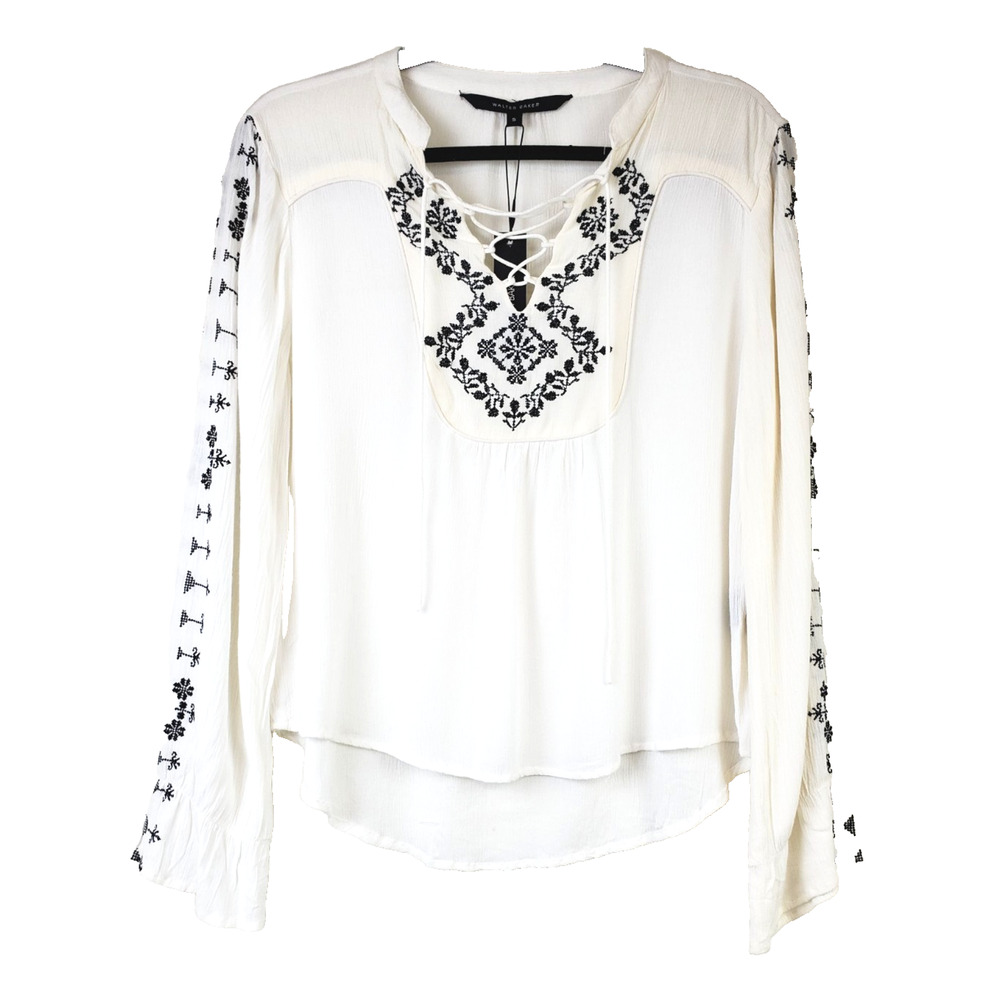 New Walter Baker Womens Small Peasant Top‎ Bohemian White Embroidered Viscose